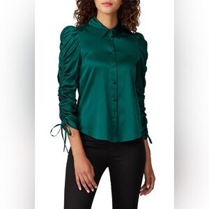 Veronica Beard Lilian Stretch Silk Button Up Ruched Blouse In Green